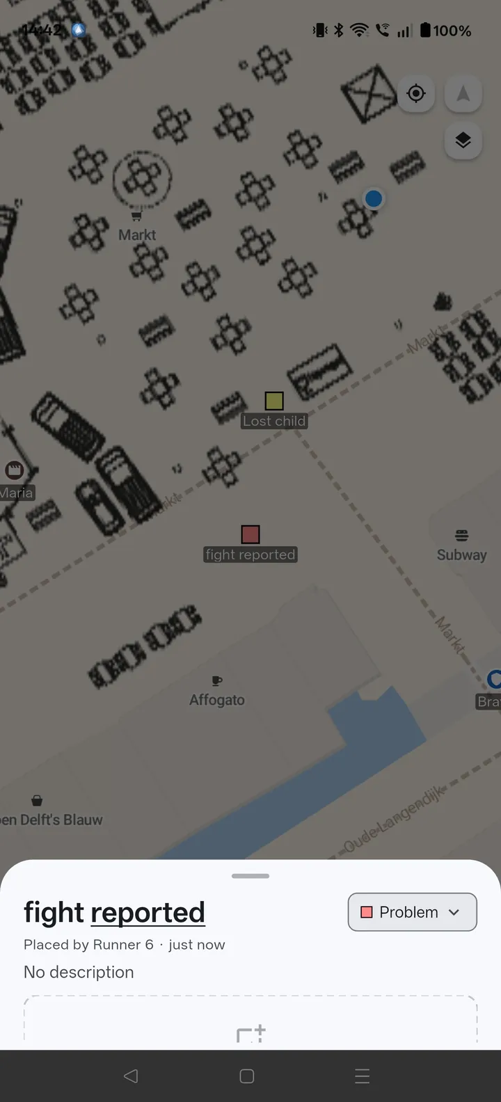 Placing a new incident marker labelled fight reported with a Problem status