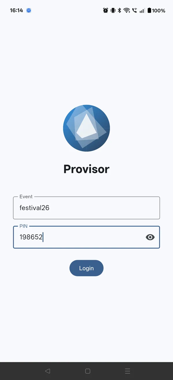 Provisor login with event code and PIN