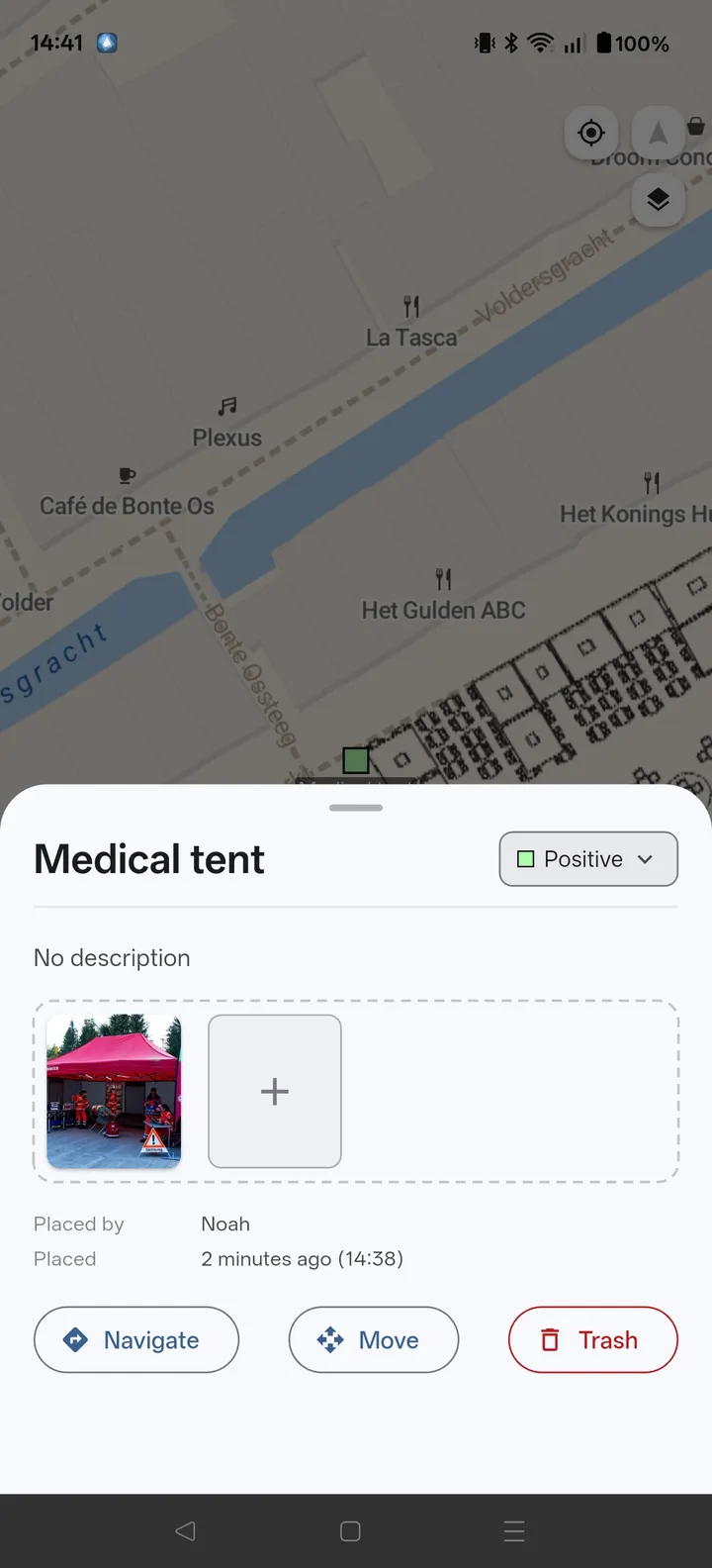 Marker detail for a medical tent with attached photo, status and audit trail