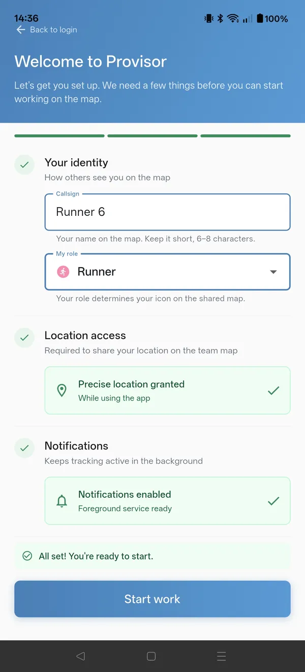 Provisor onboarding: callsign, role, and permissions